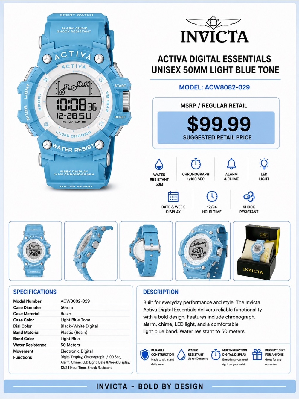 Invicta Activa Digital Essentials Unisex Watch - Light Blue